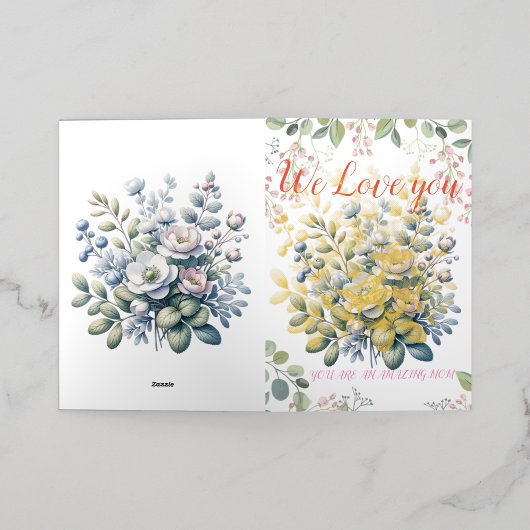 オレンジと緑の花と母の日 箔グリーティングカード (外側レイダウン)