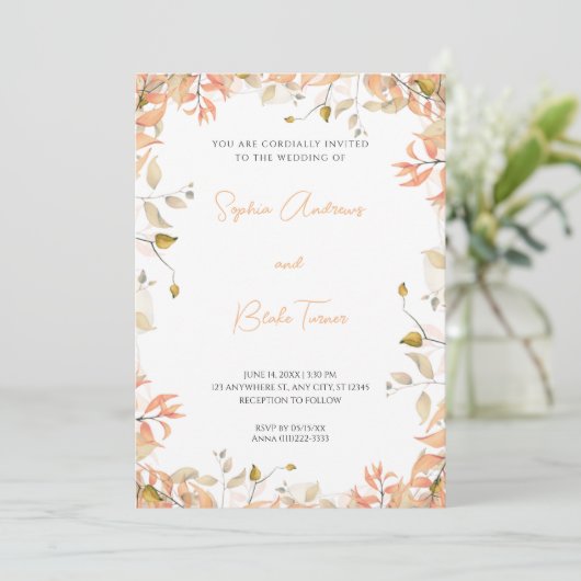 オレンジと緑の葉フローラホワイト結婚ズ 招待状 (スタンド正面)