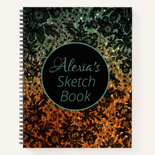 オレンジと緑の黒のムーディフローラ パーソナライズされた ノートブック (正面)