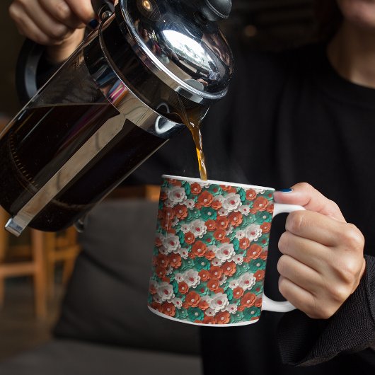 オレンジと緑の3D花 コーヒーマグカップ