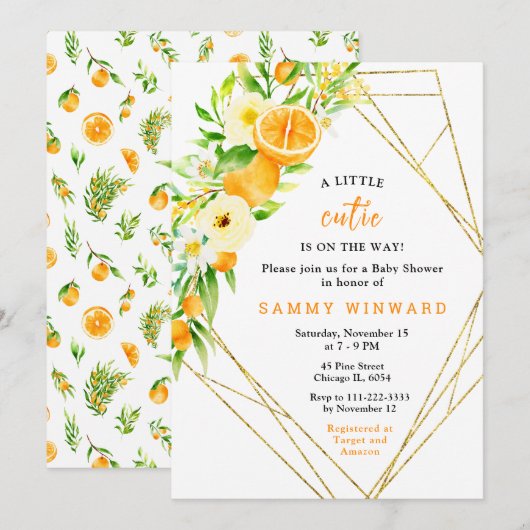 オレンジと花のベビーシャワー 招待状 (正面/裏面)