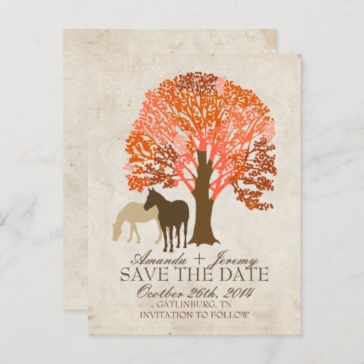 オレンジと茶色の秋の馬が日付を保存 案内ポストカード (正面/裏面)