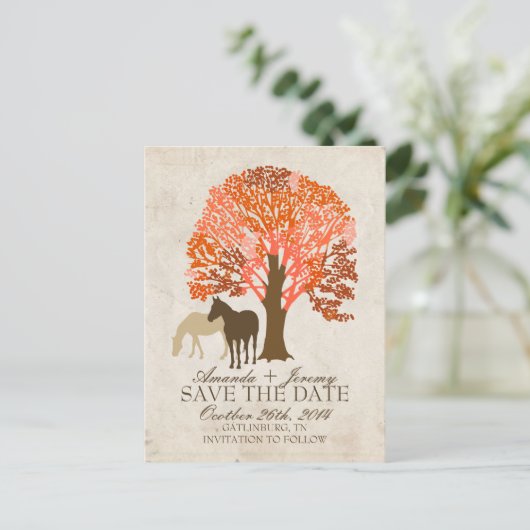 オレンジと茶色の秋の馬が日付を保存 案内ポストカード (スタンド正面)