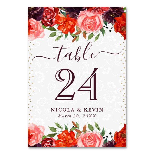 オレンジと茶色の秋結婚の花 テーブルナンバー (正面)