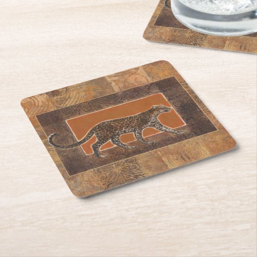 オレンジと茶色の背景にヒョウ スクエアペーパーコースター (アングル)