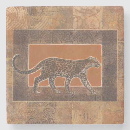 オレンジと茶色の背景にヒョウ ストーンコースター (正面)