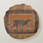 オレンジと茶色の背景にヒョウ ラウンドクッション (裏面)