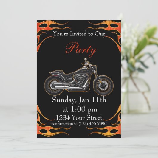 オレンジと赤のフレイムオートバイバイクパーティー! 招待状 (スタンド正面)