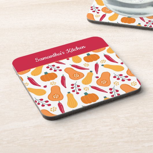 オレンジと赤の野菜のパターンを収穫 コースター (左側)