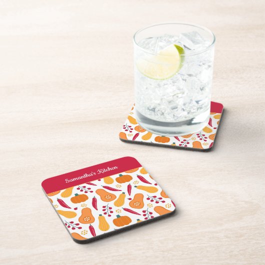 オレンジと赤の野菜のパターンを収穫 コースター (右側)