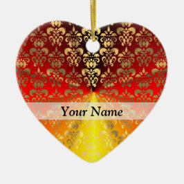 オレンジと金ゴールドのダマスクパターン セラミックオーナメント
