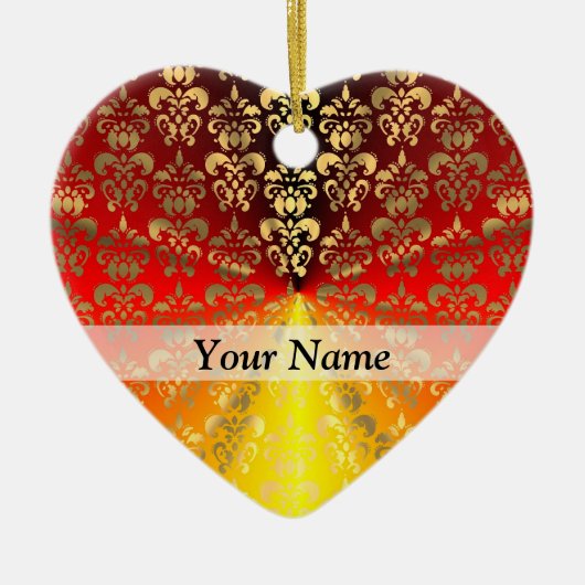 オレンジと金ゴールドのダマスクパターン セラミックオーナメント (正面)