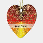 オレンジと金ゴールドのダマスクパターン セラミックオーナメント (左)