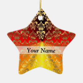 オレンジと金ゴールドのダマスクパターン セラミックオーナメント