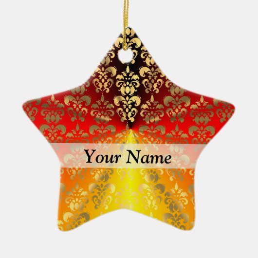 オレンジと金ゴールドのダマスクパターン セラミックオーナメント (正面)