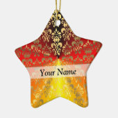 オレンジと金ゴールドのダマスクパターン セラミックオーナメント (左)