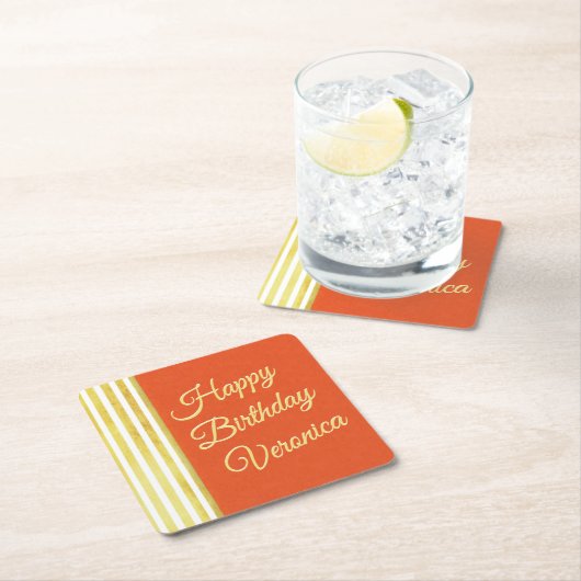 オレンジと金ゴールドのパーソナライズ誕生日ヴィンテージ外観 スクエアペーパーコースター (インサイチュ)