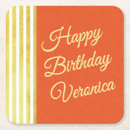 オレンジと金ゴールドのパーソナライズ誕生日ヴィンテージ外観 スクエアペーパーコースター