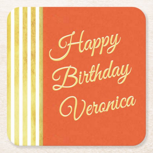 オレンジと金ゴールドのパーソナライズ誕生日ヴィンテージ外観 スクエアペーパーコースター (正面)