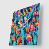 オレンジと金ゴールドアートチューリップ スクエア壁時計 (傾斜)