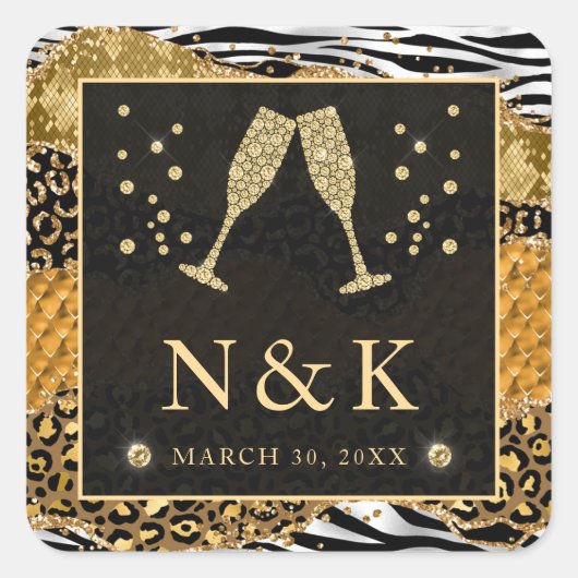 オレンジと金ゴールドワイルドジャングルグリッターアゲート結婚ト スクエアシール (正面)