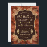 オレンジと金ゴールド秋の紅葉21st誕生日 招待状<br><div class="desc">金ゴールドエレガントフォイル葉水玉模様とダイヤモンドと金ゴールドヴィンテージフレームを備えた燃えフェイクたオレンジ色のホイルの背景</div>