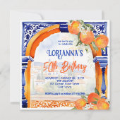 オレンジと青のアズレホ スペイン風誕生日 招待状 (正面)