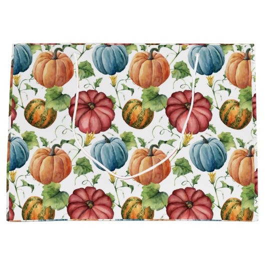 オレンジと青のカボチャの秋パターン ラージペーパーバッグ (正面)
