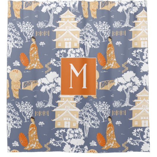 オレンジと青のチャイノアイセリーパゴダスモノグラム シャワーカーテン (正面)