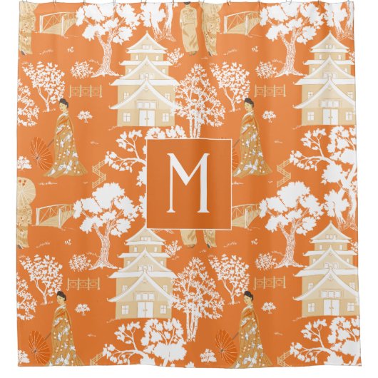 オレンジと青のチャイノアイセリーパゴダスモノグラム シャワーカーテン (正面)