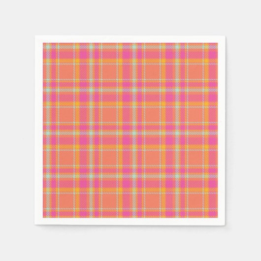 オレンジと青の丸いPiとホットピンクのレトロのプレイド スタンダードカクテルナプキン (正面)