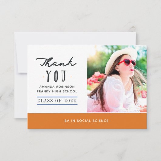 オレンジと青の卒業写真サンキューカード サンキューカード (正面)