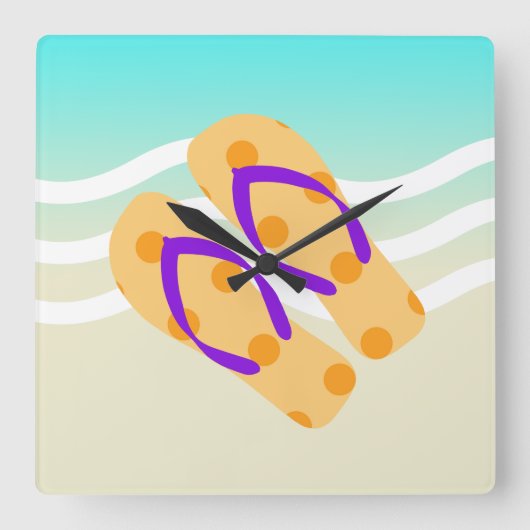 オレンジと青の夏のビーチ波のビーチサンダル スクエア壁時計 (正面)