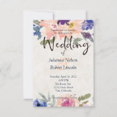 オレンジと青の水彩花の結婚式招待状 招待状 (正面)