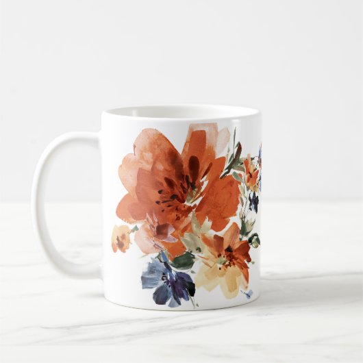 オレンジと青の水彩花柄 コーヒーマグカップ (左)