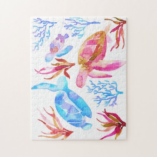 オレンジと青の水色のウミガメ珊瑚礁 ジグソーパズル (縦)