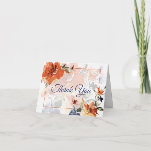 オレンジと青の水色の秋フローラ結婚 サンキューカード (正面)