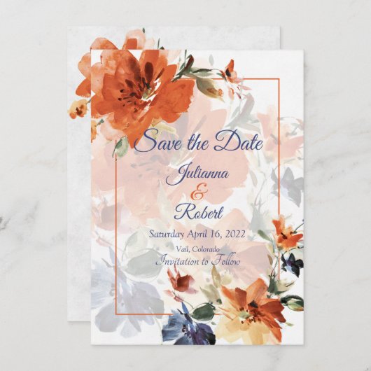 オレンジと青の水色の秋フローラ結婚 セーブザデート (正面/裏面)