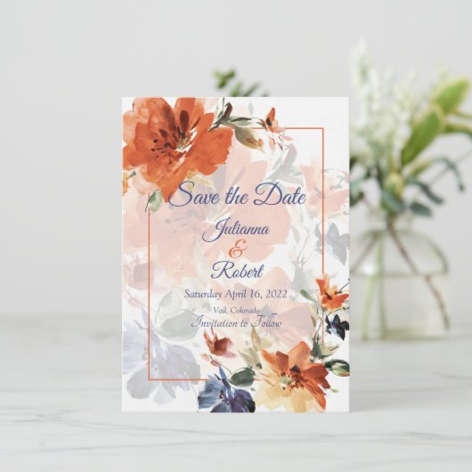 オレンジと青の水色の秋フローラ結婚 セーブザデート (スタンド正面)