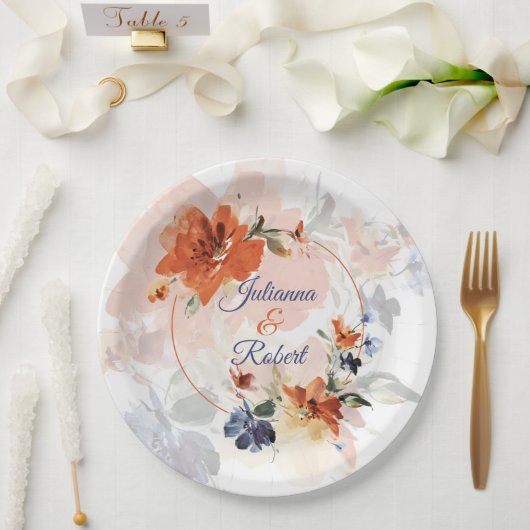 オレンジと青の水色の秋フローラ結婚 ペーパープレート (ウェディング)