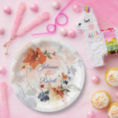 オレンジと青の水色の秋フローラ結婚 ペーパープレート (パーティー)