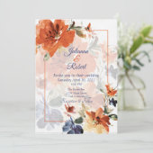 オレンジと青の水色の秋フローラ結婚 招待状 (スタンド正面)