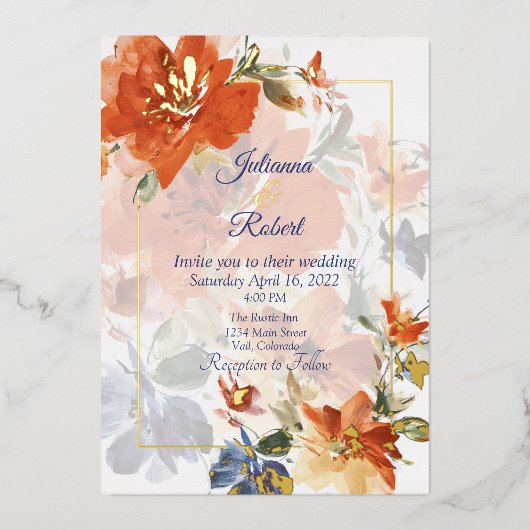 オレンジと青の水色の秋フローラ結婚 箔招待状 (正面)