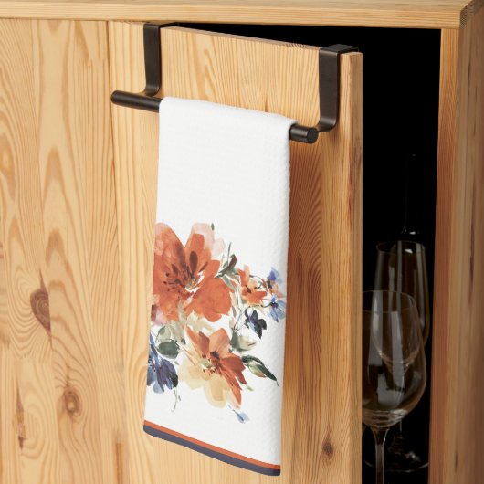 オレンジと青の水色フローラ キッチンタオル (三つ折り)