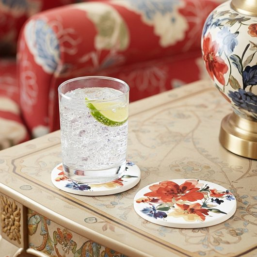 オレンジと青の水色フローラ コースター