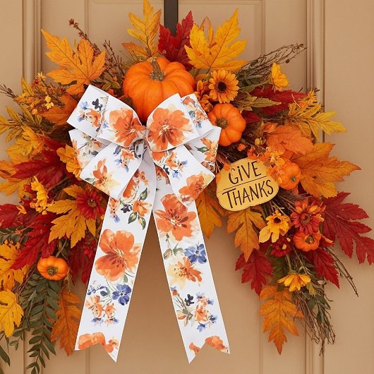 オレンジと青の水色フローラ サテンリボン