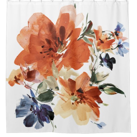 オレンジと青の水色フローラ シャワーカーテン (正面)