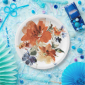 オレンジと青の水色フローラ ペーパープレート (パーティー)