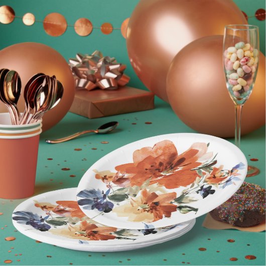 オレンジと青の水色フローラ ペーパープレート (複数)