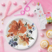 オレンジと青の水色フローラ ペーパープレート (パーティー)